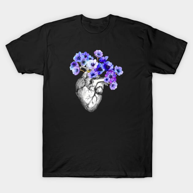 Blue Anemones Heart Human Anatomy T-Shirt by Collagedream